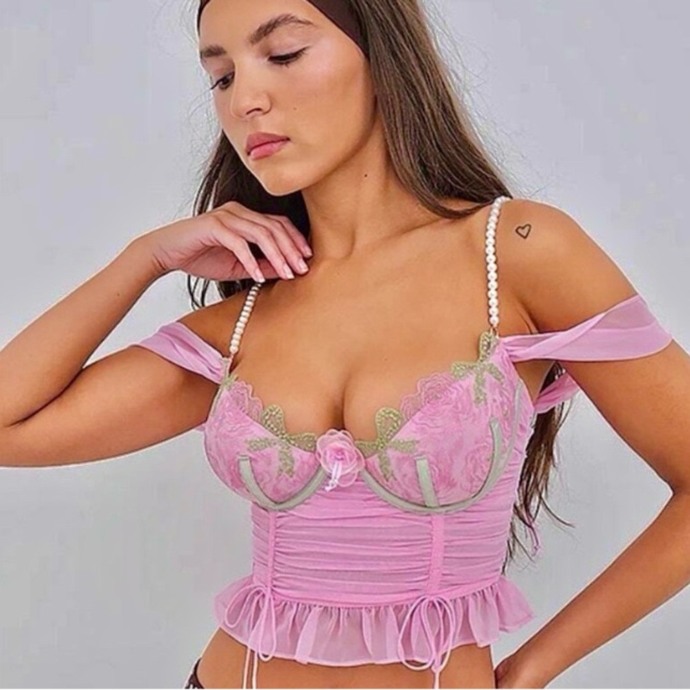 For Love And Lemons Pink Lace Off-Shoulder Corset Top XLarge